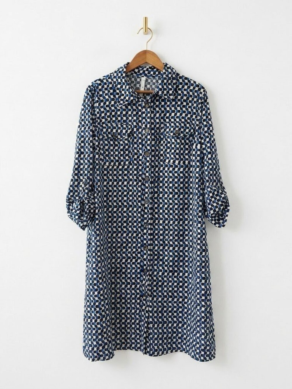 NY Collection Blue Black Geometric Shirt Dress Size XL Retro Mod Print Roll Tab